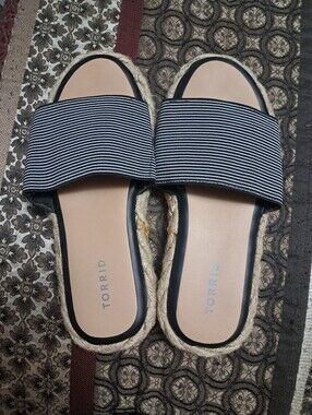 Torrid Black and White Striped Slide Sandals with Tan Footbed - 9.5W